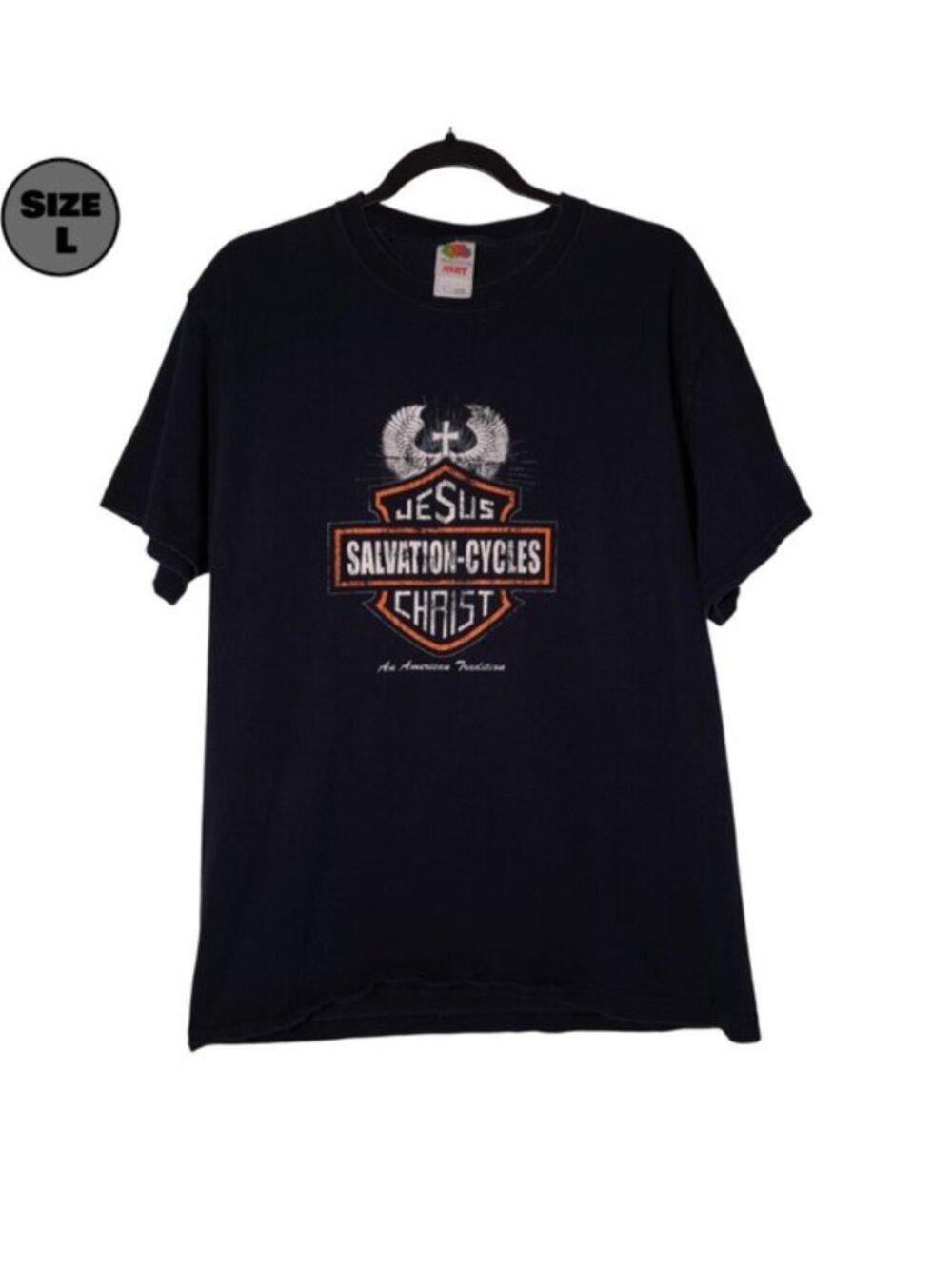 Jesus Salvation-Cycles Christ USED Shirt (FADING, L, Black, Y2K, Motorcycles)